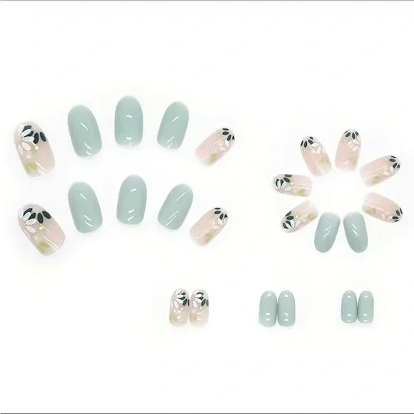 Acrylic Almond Tip Green Daisy Flower Medium Length Manicure Nails Professional - Picture 6 of 6